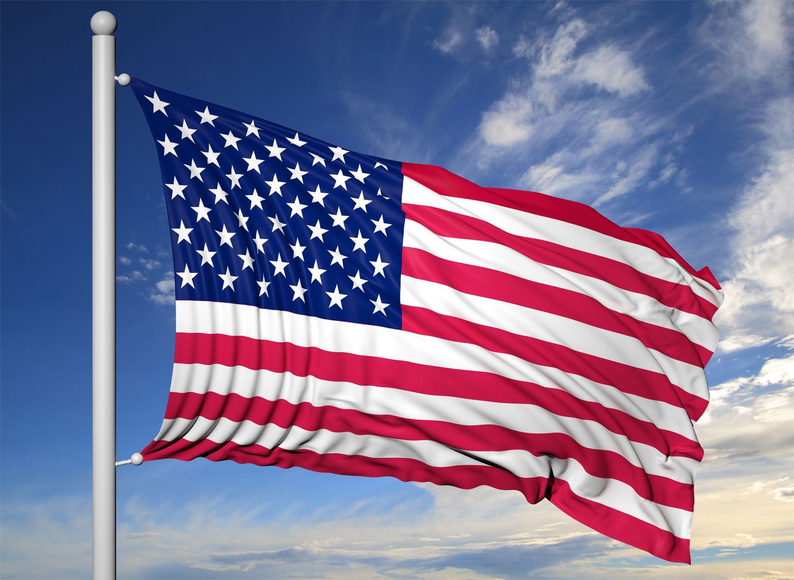 44876529 - waving flag of usa on flagpole, on blue sky background.